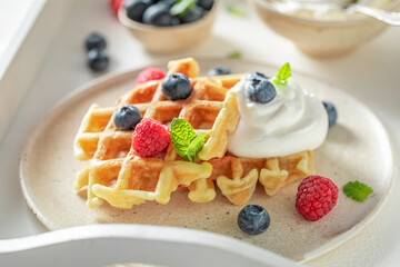 Fresh and tasty waffles with with whipped cream and berries.