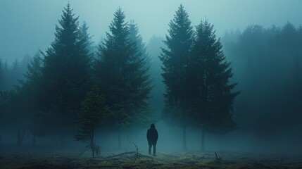 a person standing in a foggy forest - obrazy, fototapety, plakaty