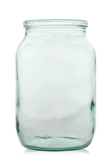 Transparent empty jar without lid for preservation. Isolated on a white background.