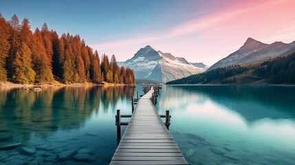 Wooden pier on the Sils lake with yacht. Colorful morning view in Swiss Alps, Maloja pass, Upper Engadine in canton of the Grisons, Switzerland, Europe. Artistic style post processed photo. - obrazy, fototapety, plakaty