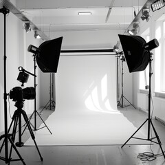 a photo studio with a white backdrop