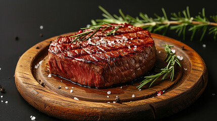 Angus beef steak on wood dish with black background in studio light. Food concept. Generative AI