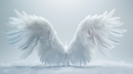 A white angel wing is shown in a white background