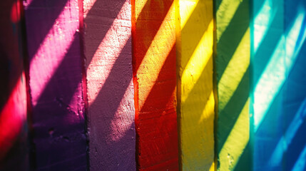 A colorful wall with a rainbow stripe and a shadow
