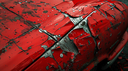 red bumper car scratched with deep damage - obrazy, fototapety, plakaty