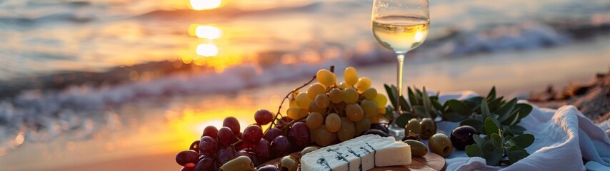 Sunset scenes in the mountains and forest, time lapse over a lake, accompanied by wine, grapes, alcohol, fruits, white and red colors, bottles, wine glasses, solitude, greenery, celebration, cheese, g