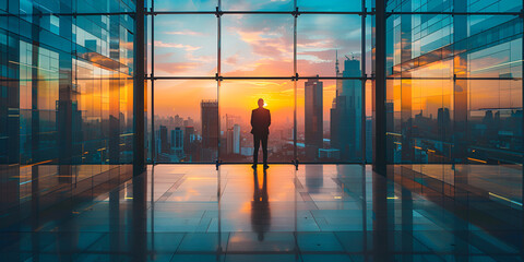 sunset in the city and a businessman standing in office building, generative ai