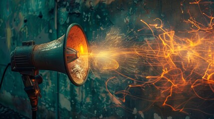 A close up of a megaphone with a bright beam of light coming out of it. - obrazy, fototapety, plakaty