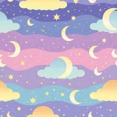 Obraz premium a comic book style, pastel color, Whimsical night sky with crescent moons and twinkling stars for dreamy bedroom decor background, featuring a 70s