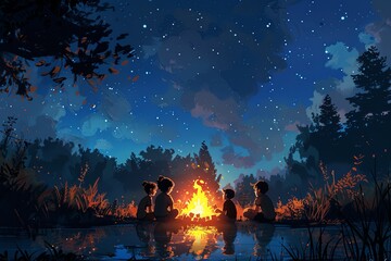 Fototapeta premium Starry night camping scene with father and child by a fire, perfect for storytelling in travel