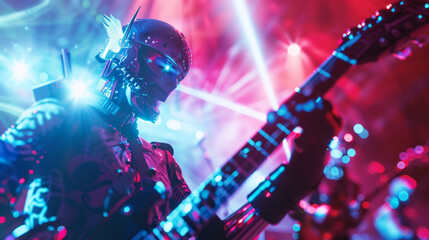 A man in a robot costume is playing a guitar on stage