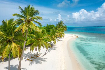 Sunny Beach in the Maldives. Palm trees, sand, sea. Landscape from a bird's eye view.