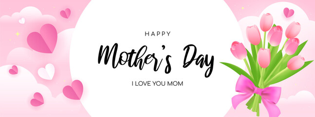 Happy Mother's Day,  I Love you mom banner vector illustration Beautiful Tulip bouquet on pink sky