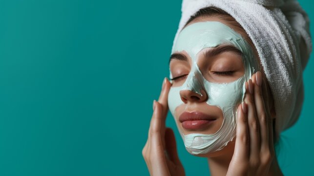 Woman applying mask skin care, banner web image
