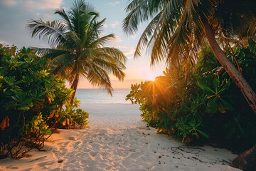 Beach in the Maldives at sunset. Palm trees, sand, sea. Landscape view from the shore.
