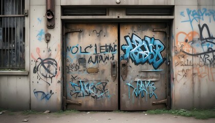 A Metal Door With Graffiti On It In A Post Apocalyptic City
