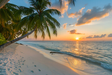 Fototapeta premium Beach in the Maldives at sunset. Palm trees, sand, sea. Landscape view from the shore.