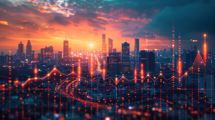 Fototapeta premium A modern city's silhouette at sunrise, enhanced with glowing graphs indicating financial trends