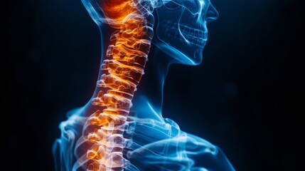 X - ray film of the spine reveals cervical spondylosis, a degenerative disc disease. The patient has phone addiction and experiences neck pain, numbness, and weakness. Focus on the area of discomfort