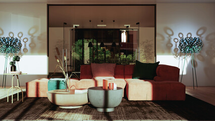 Large luxury modern bright interiors Living room mockup illustration 3D rendering image - 784529572