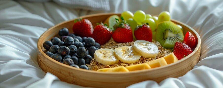 An inviting breakfast in bed scene with a bamboo tray, oatmeal and fresh fruits, against a light, unobtrusive background