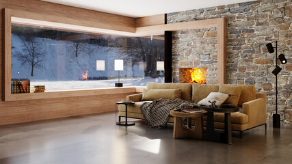 Large luxury modern bright interiors Living room mockup illustration 3D rendering image - 784529706