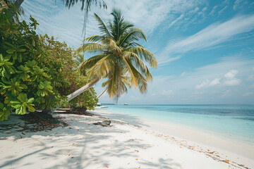 Sunny beach in the Maldives. Palm trees, white sand, ocean. Landscape view from the shore.