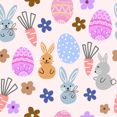 Seamless pattern with rabbit, flowers, Easter eggs and carrot . Vector flat illustration for wallpapers, wrapping, textiles.