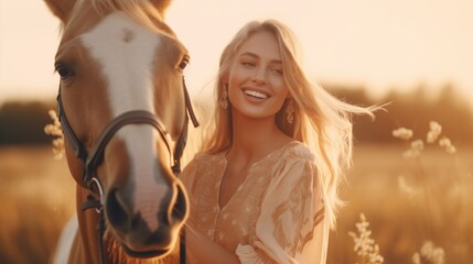 Young cute happy joyful satisfied smiling woman stroking beautiful blond palomino horse at meadow at sunset. - obrazy, fototapety, plakaty