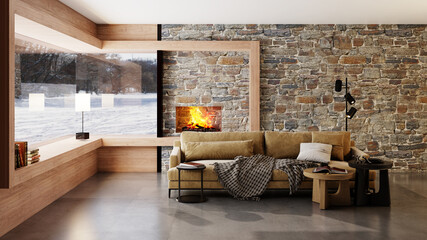 Large luxury modern bright interiors Living room mockup illustration 3D rendering image - 784529743