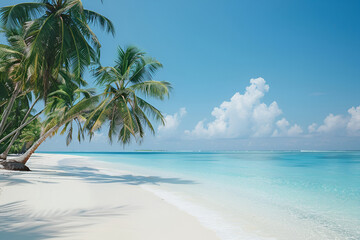Sunny beach in the Maldives. Palm trees, white sand, ocean. Landscape view from the shore.