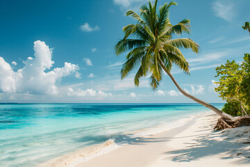 Sunny beach in the Maldives. Palm trees, white sand, ocean. Landscape view from the shore.