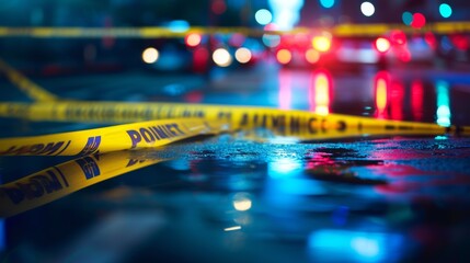 Yellow law enforcement tape isolating crime scene with blurred view of city street, toned in red and blue police car lights