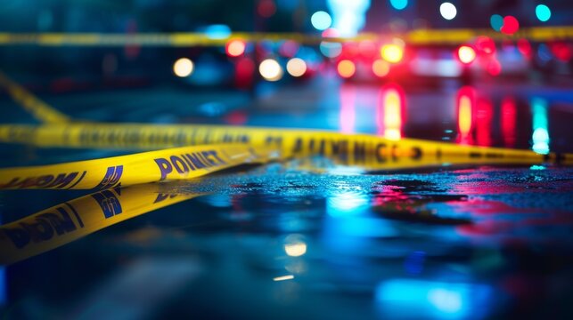Yellow law enforcement tape isolating crime scene with blurred view of city street,&nbsp;toned in red and blue police car lights