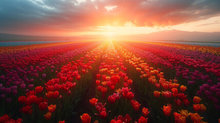 A field of flowers with a bright orange sun in the sky - obrazy, fototapety, plakaty