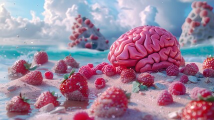A brain reclines on a beach of strawberries and raspberries, basking in the metaphorical sun of antioxidants and nutrients - obrazy, fototapety, plakaty
