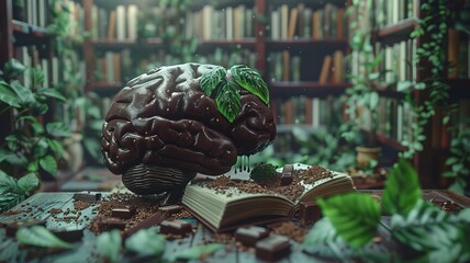 A brain library, where books are made of dark chocolate and green tea leaves, and brain cells gain knowledge and antioxidants by reading them - obrazy, fototapety, plakaty