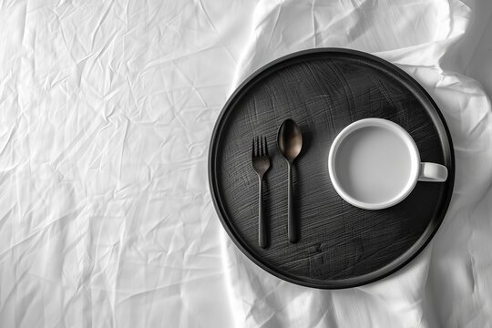High contrast image of a simple breakfast tray with abstract utensils, minimalist style, text space on top
