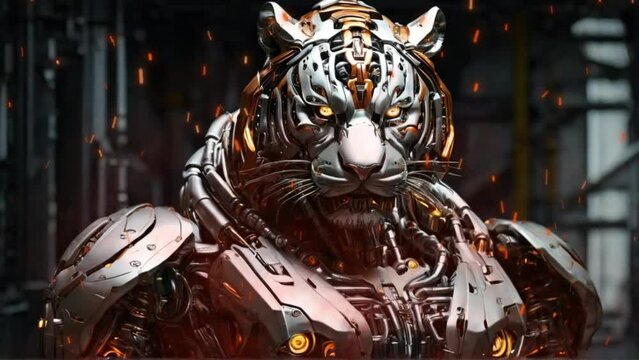 portrait of a technologically savage metallic robot tiger