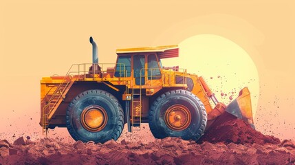 Iconic design of a large mining wheel loader with stylized dirt heap, pastel background for text