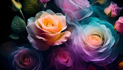 digital smoke art, transparent colorful roses made of tinted glass on a dark background