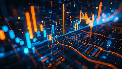 Sleek metallic finish and flat illustration of digital stock market graph on blue background
