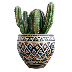 Front view of Turk's Head cactus pot with a tribal-inspired geometric pattern isolated on a white transparent background