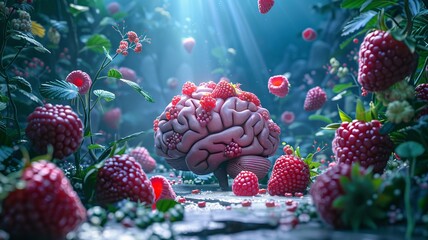 A brain enshrined by lush berries in an enchanted forest, highlighting the cognitive benefits of these nutrient-rich fruits - obrazy, fototapety, plakaty