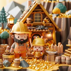 Illustrate a cheerful scene of a family-run gold mining operation, bright and cute in 3D Blender style, isolated background, space for texts