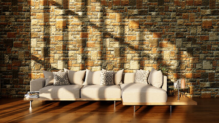 Large luxury modern bright interiors Living room mockup illustration 3D rendering image - 784530769