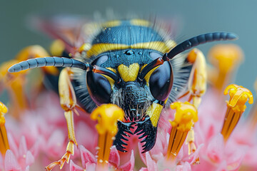 A close up of a bee on a flower - obrazy, fototapety, plakaty