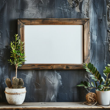 A white framed picture sits on a shelf next to a potted plant
