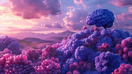 A giant brain presides over a hill composed of antioxidant-rich blueberries, a metaphor for cognitive enhancement through nutrition - obrazy, fototapety, plakaty