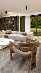 Large luxury modern bright interiors vertical Living room mockup illustration 3D rendering image - 784531316